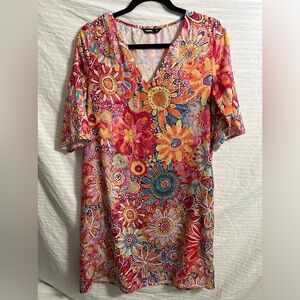 Hekka Women's Shift Dress Floral Print Split Neck Midi Dress Half Sleeve Size M